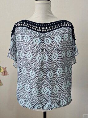 I.N. Studio Petite Women's Blue Geometric Print Blouse Size Petite Large